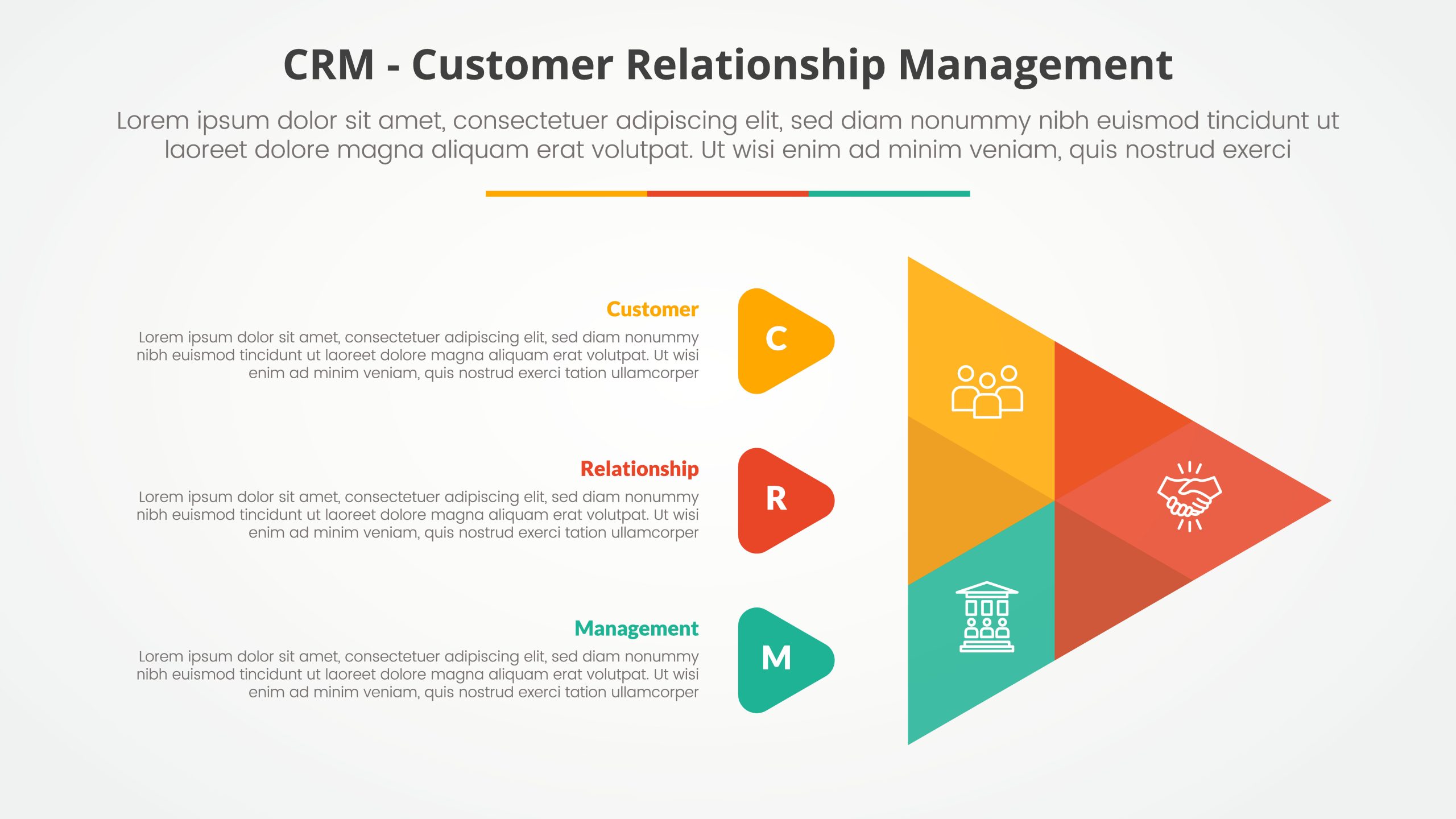 crm customer relationship management infographic concept for slide presentation with creative venn arrow shape with 3 point list with flat style
