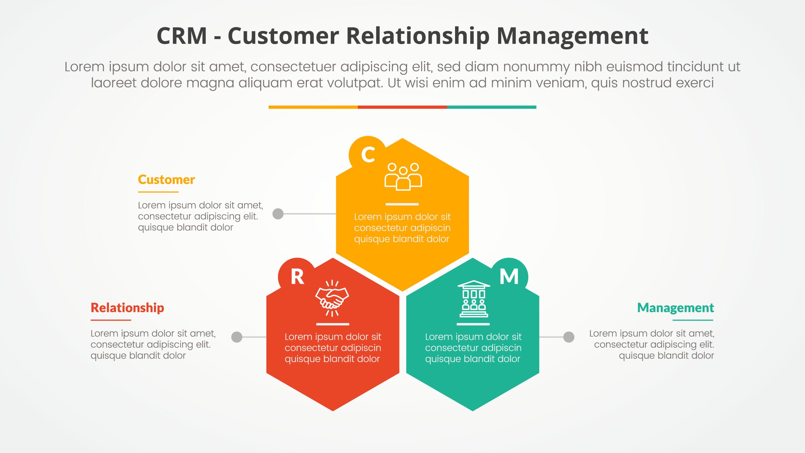 crm customer relationship management infographic concept for slide presentation with hexagon or hexagonal shape structure with 3 point list with flat style